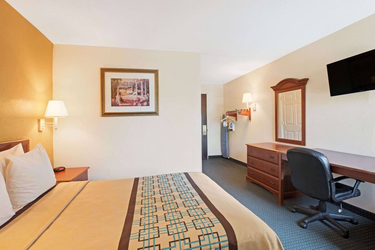 Habitación de hotel con cama, escritorio, silla, cómoda, televisor montado en la pared y un cuadro enmarcado.