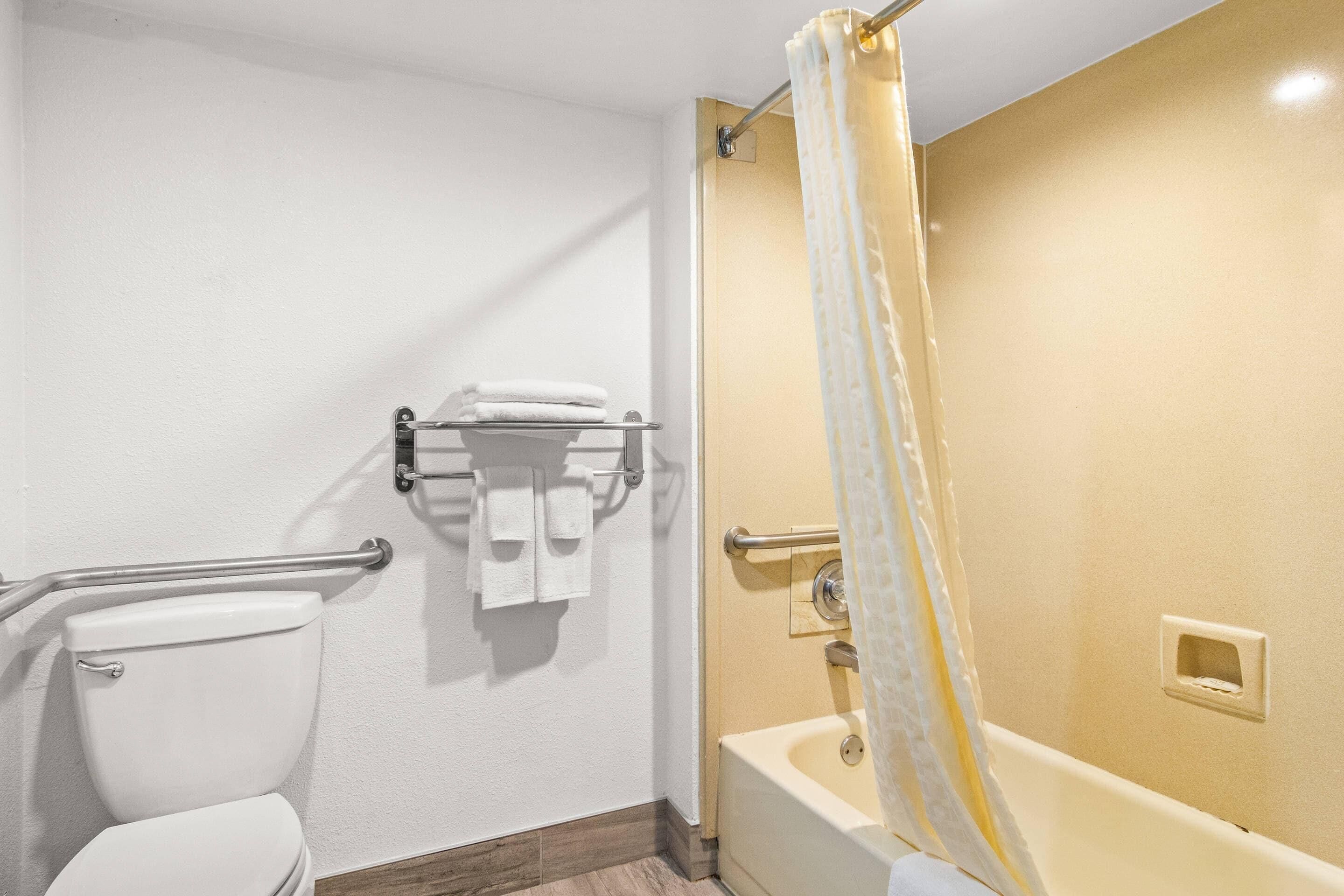 A bathroom with a white toilet, a bathtub, and a shower curtain.