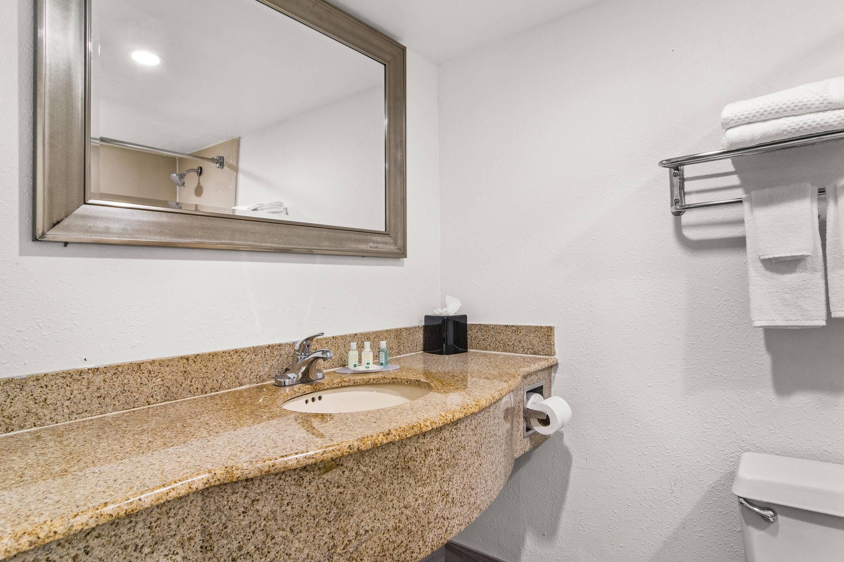 Un baño con lavamanos de granito, un espejo, un perchero para toallas y un inodoro.
