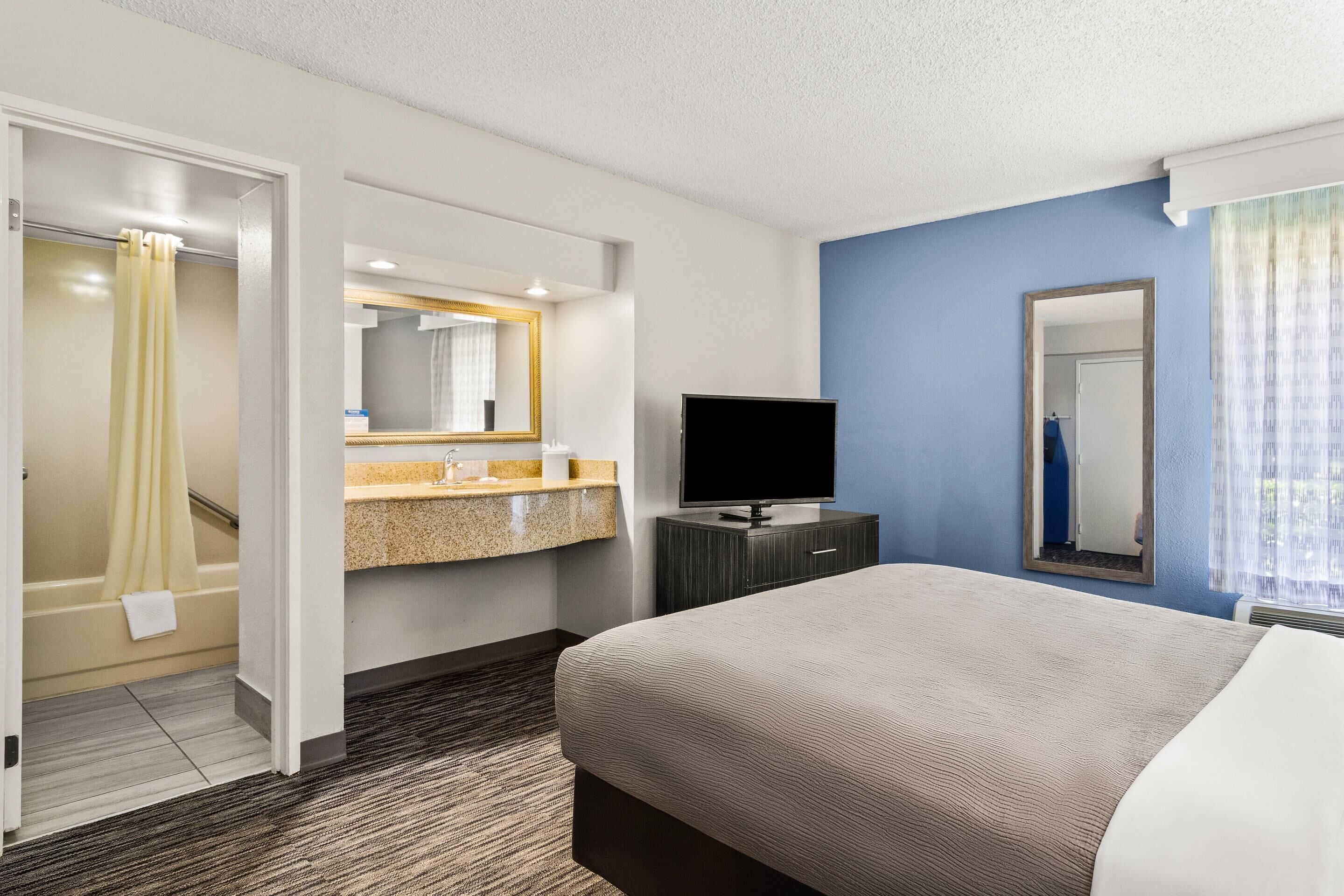 A hotel room with a bed, a TV, a bathroom with a shower, a sink, and a mirror.