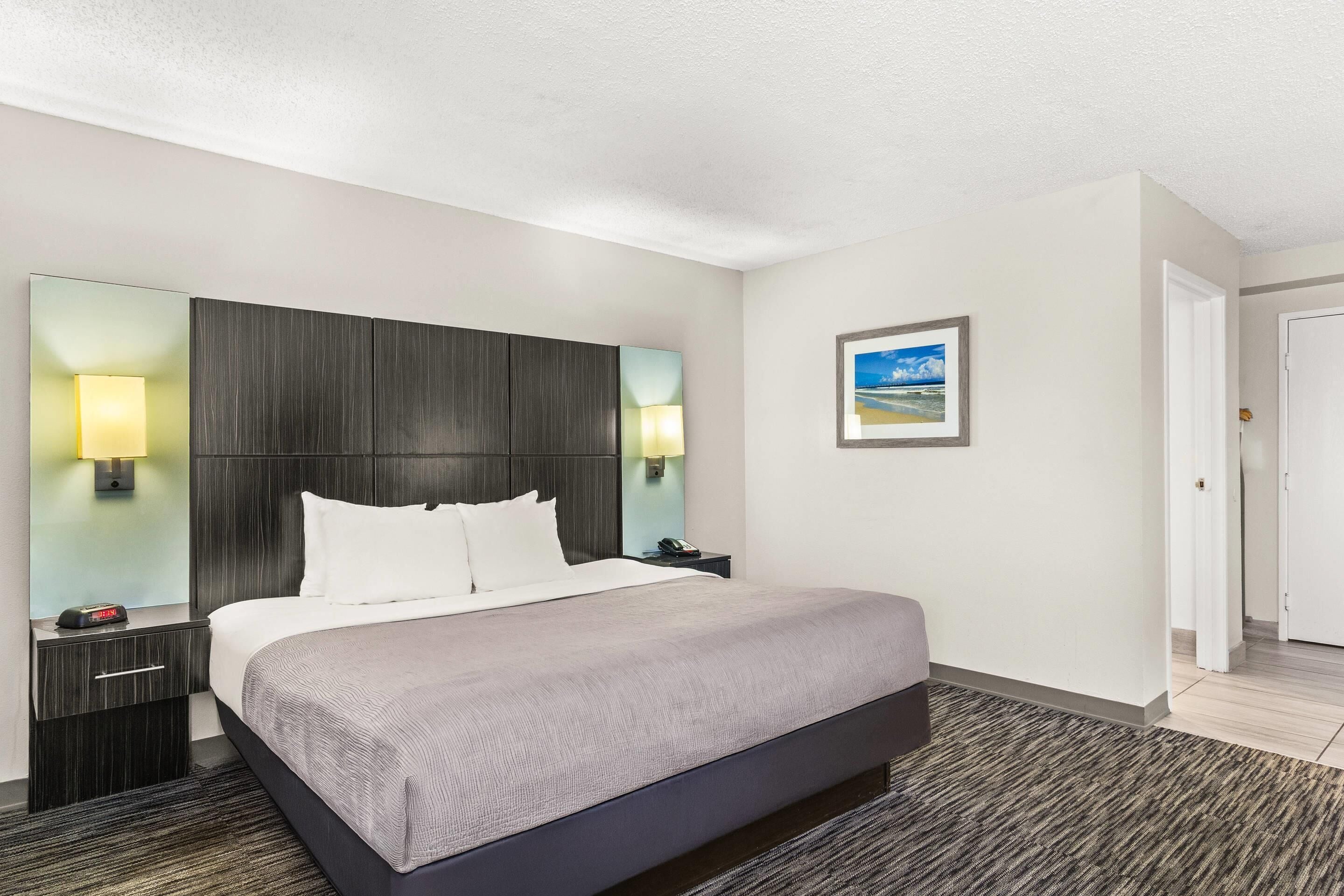 Habitación de hotel con una cama grande, una mesita de noche con lámpara, un cuadro en la pared y una puerta que da a otra habitación.