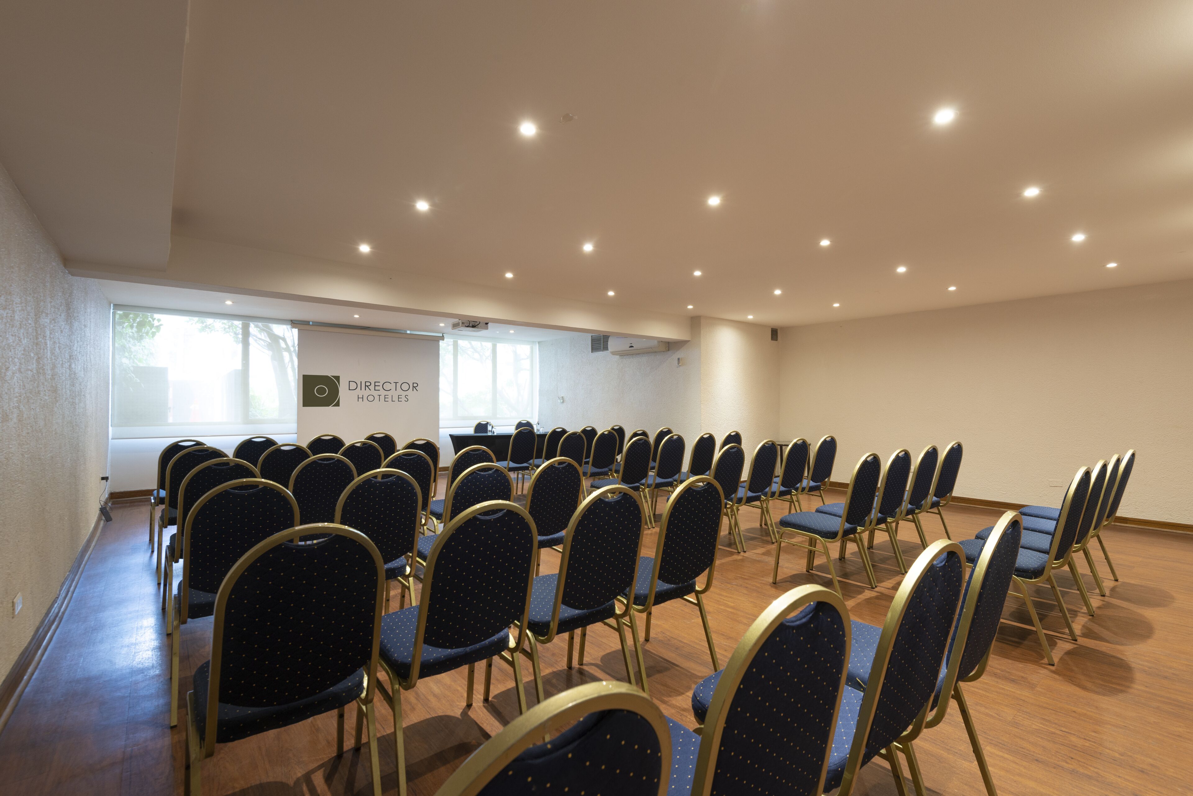Un salón de conferencias con filas de sillas, una pantalla para proyector y un letrero que dice 'DIRECTOR HOTELS'.