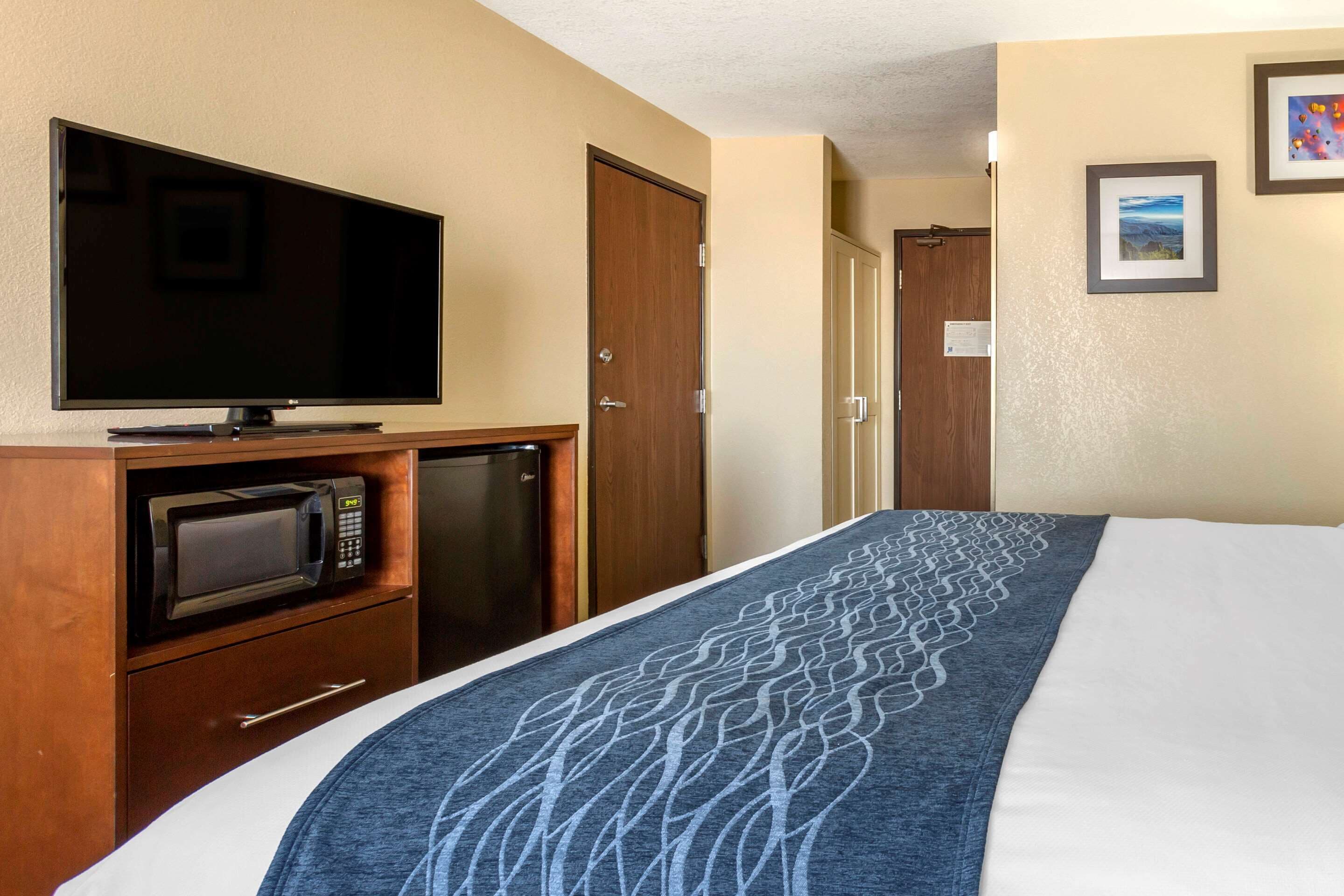 A hotel room with a bed, a television, a microwave, and a refrigerator.