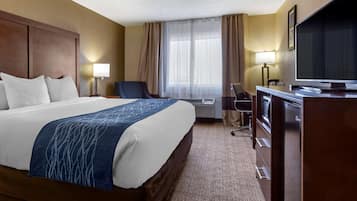 Premium bedding, desk, laptop workspace, iron/ironing board