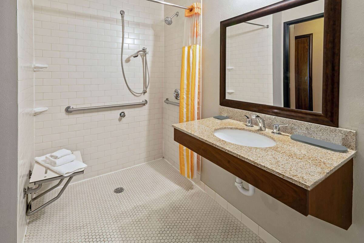 combined shower/bathtub, free toiletries, hair dryer, towels