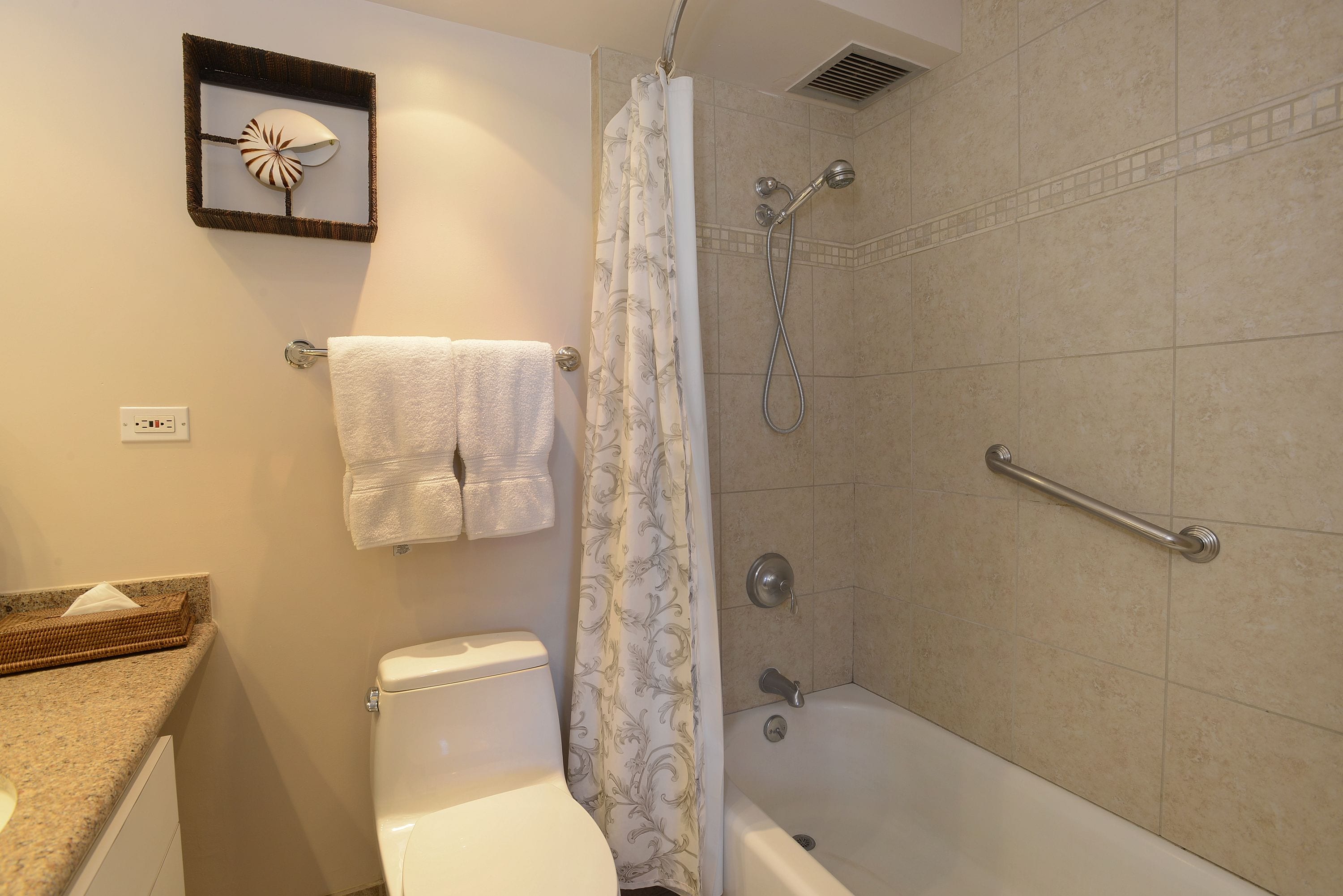 A bathroom with a toilet, a shower with a grab bar, a towel rack, and a decorative wall piece.