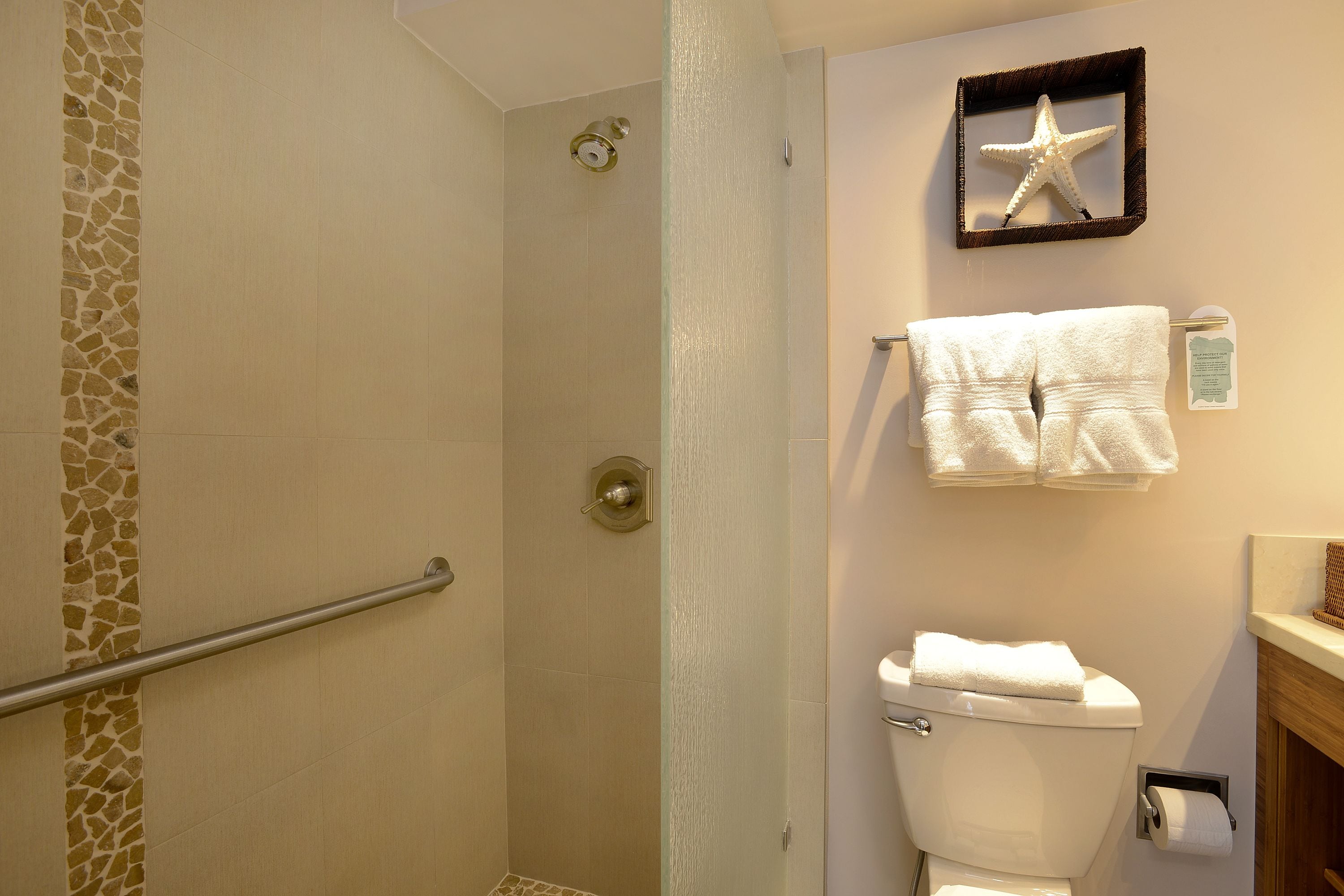 A bathroom with a shower, toilet, and towel rack.