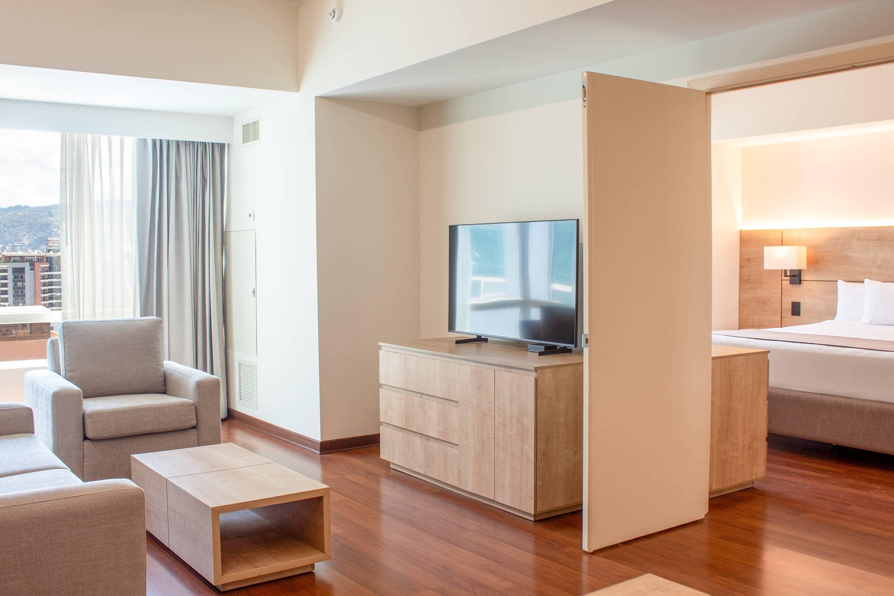 Una habitación de hotel con televisión, cama, sofá y escritorio.