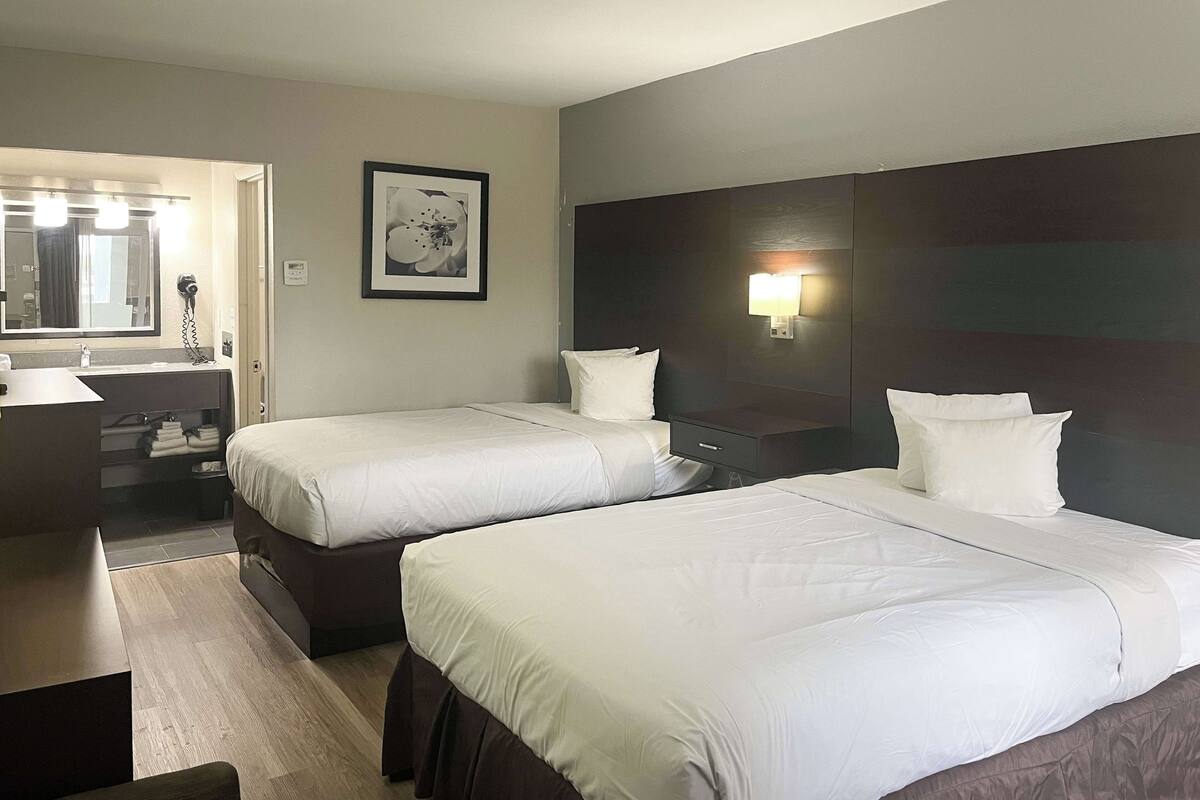 Une chambre d’hôtel avec deux lits, une salle de bain avec un miroir et une table de chevet avec une lampe.