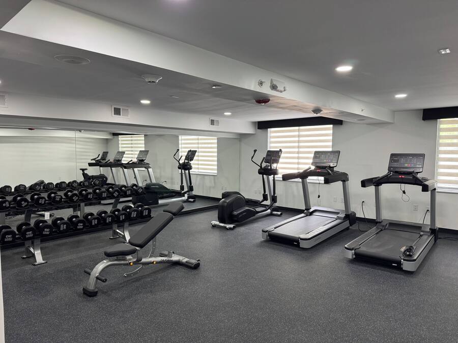 A gym with treadmills, dumbbells, and a bench.