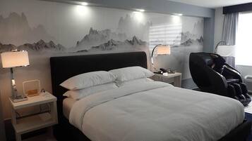 Desk, laptop workspace, blackout curtains, iron/ironing board