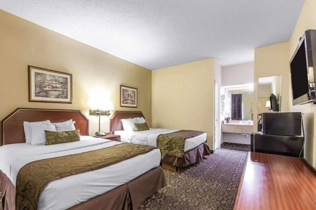 Une chambre d’hôtel avec deux lits, un bureau, un miroir et une télévision.
