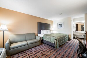 Una habitación de hotel con cama, sofá, escritorio y silla, lámpara y alfombra estampada.
