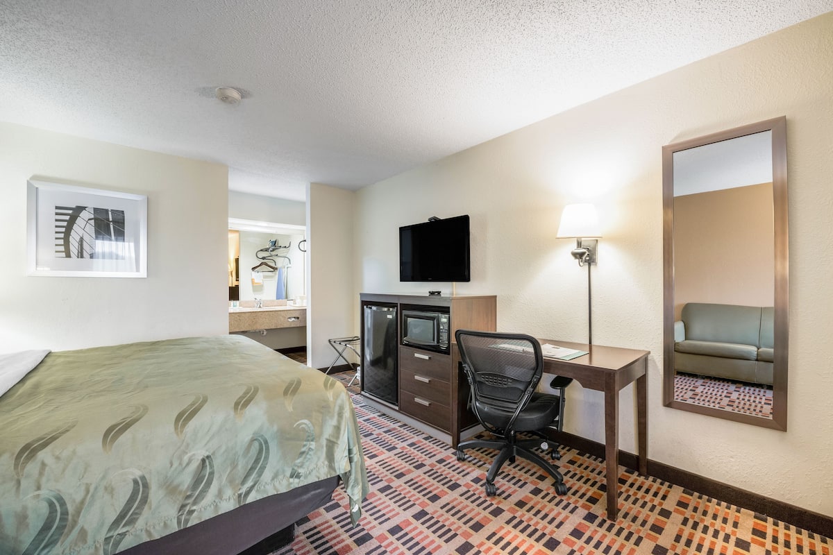 Une chambre d’hôtel équipée d’un lit, d’un bureau, d’une chaise, d’une télévision et d’un miroir.