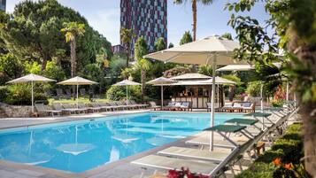 Seasonal outdoor pool, pool umbrellas, sun loungers