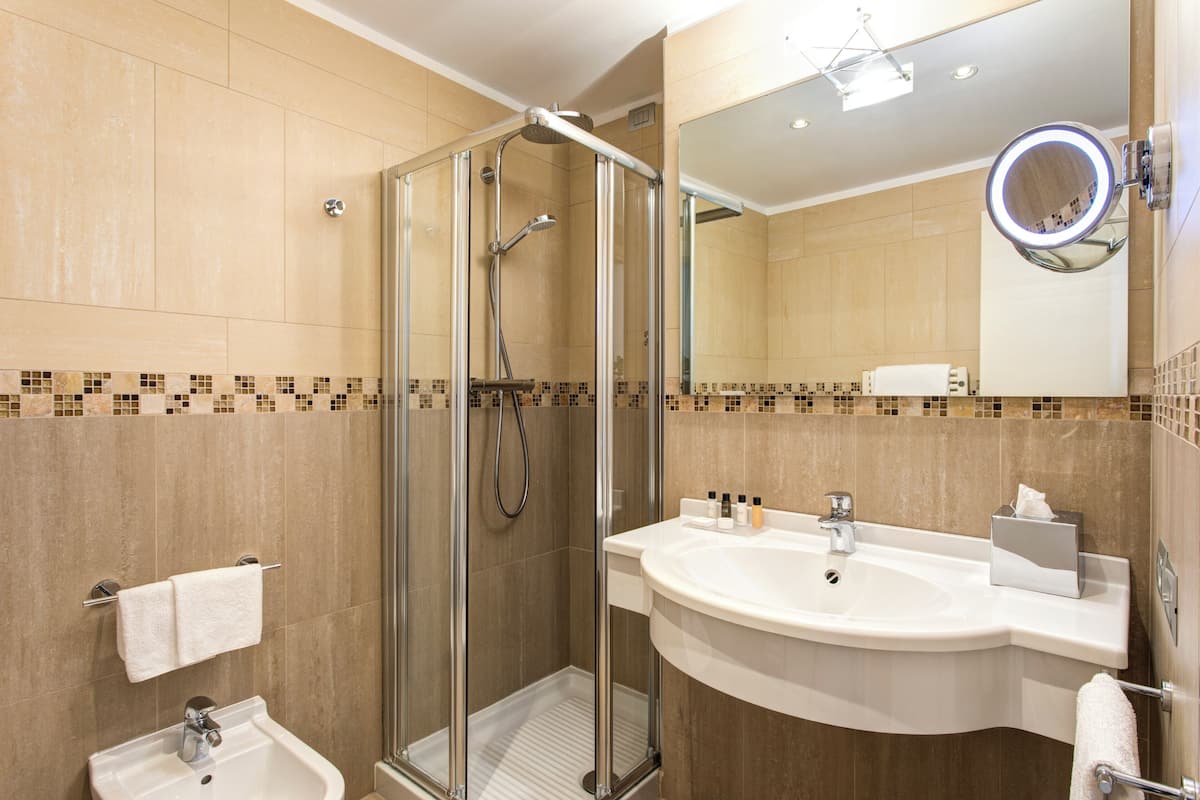 Shower, designer toiletries, hair dryer, bidet
