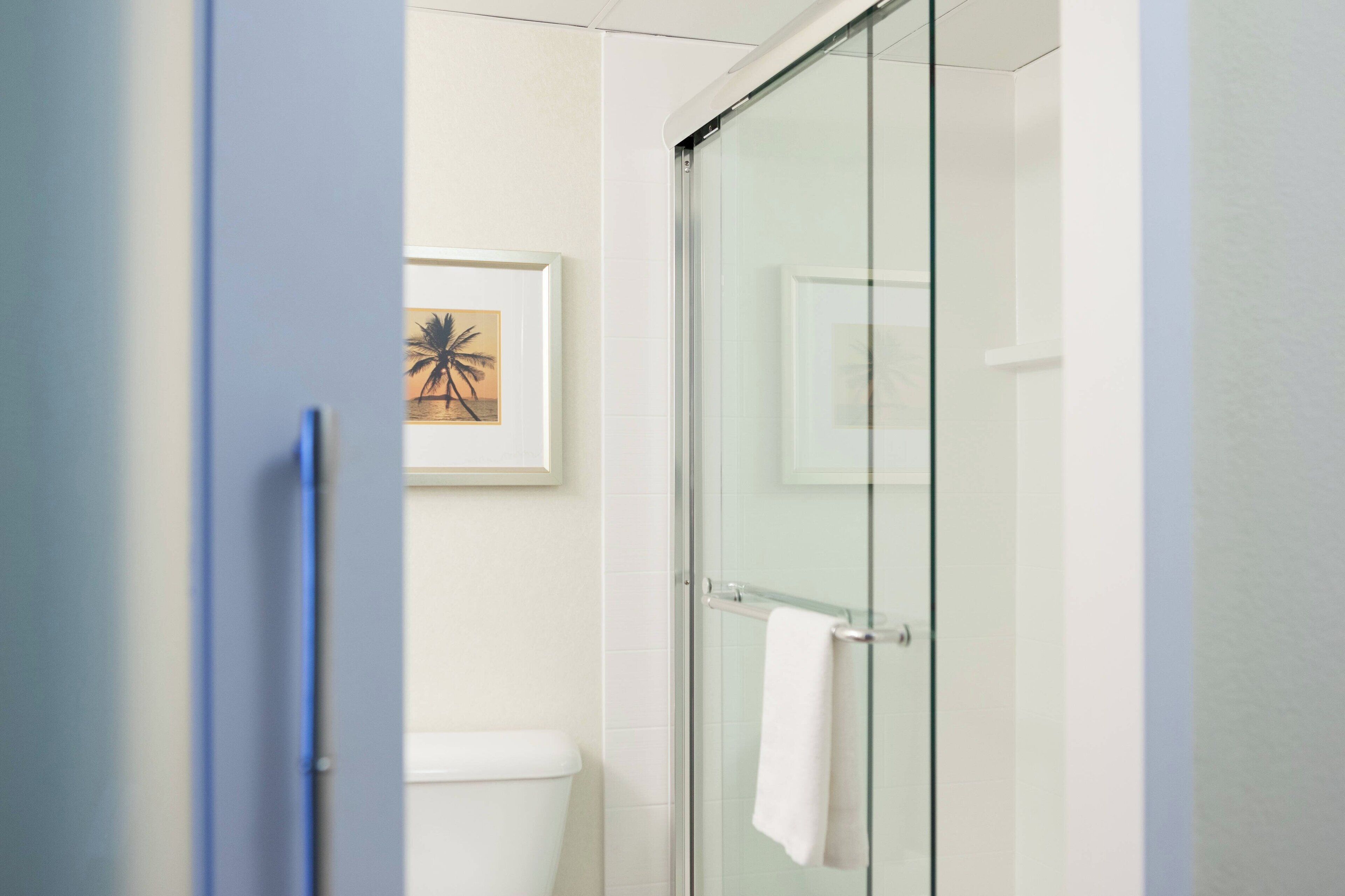 Une salle de bain moderne avec une douche à parois de verre, une œuvre d’art encadrée accrochée au mur et une serviette blanche suspendue à la poignée de la porte de la douche.
