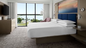 Habitación de hotel con una cama grande, televisión de pantalla plana, escritorio y vistas a una masa de agua.