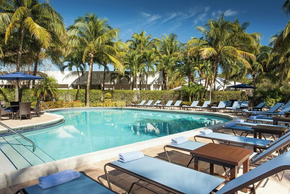 Una piscina al aire libre, sombrillas, sillones reclinables de piscina