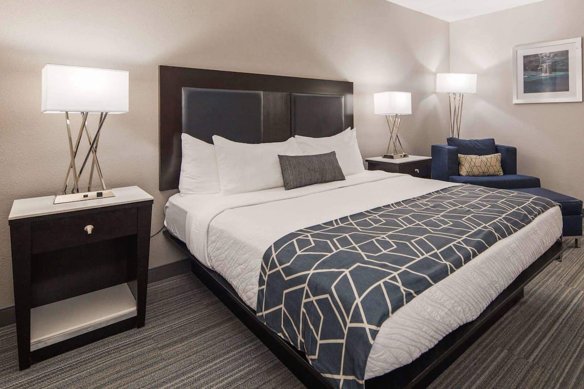 A hotel room with a large bed, two bedside tables, a chair, a lamp, and a framed picture on the wall.