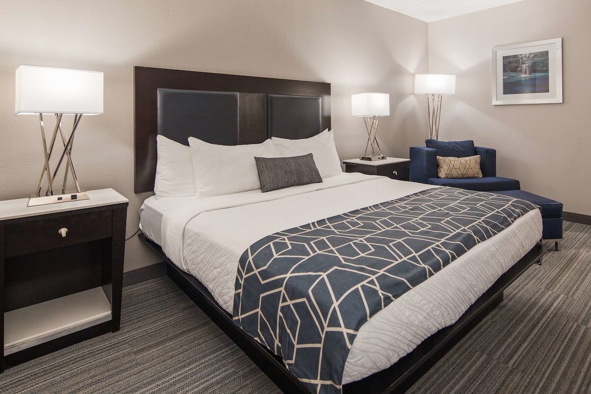 A hotel room with a large bed, two bedside tables with lamps, a chair, and a framed picture on the wall.