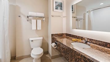 Ein Badezimmer mit Toilette, Waschbecken, Handtuchhalter und Spiegel.
