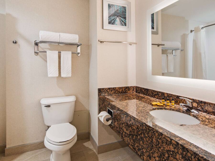Ein Badezimmer mit Toilette, Waschbecken, Handtuchhalter und Spiegel.