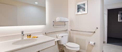 A modern bathroom with a white sink, mirror, and toilet. There are handrails on the walls and a towel rack above the toilet.