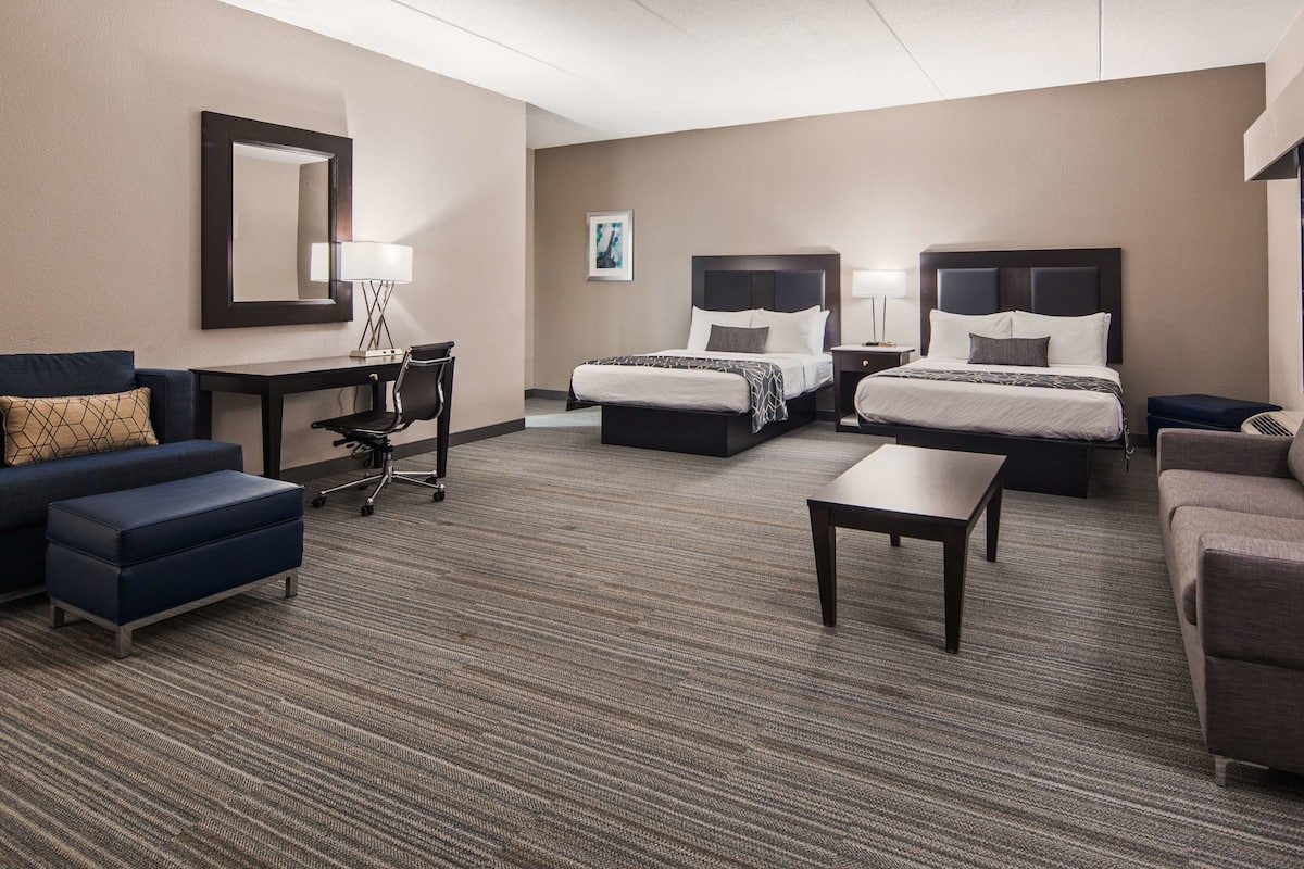 Hypo-allergenic bedding, desk, laptop workspace, blackout curtains