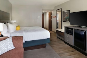A hotel room with a bed, a television, a microwave, and a refrigerator.