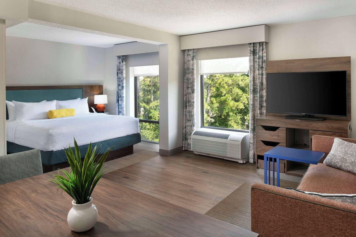 Une chambre d’hôtel avec un lit, une télévision, un bureau et une vue sur les arbres.