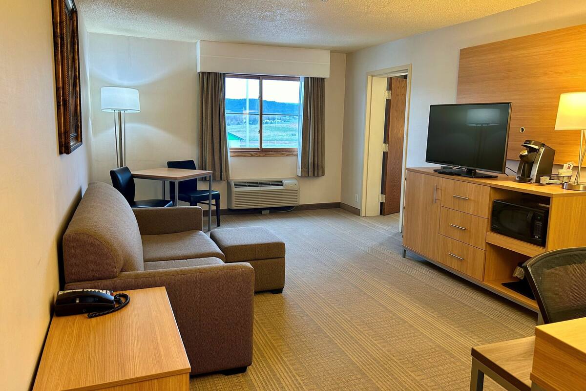Habitación de hotel con sofá, una mesita, televisor, microondas y escritorio con teléfono.