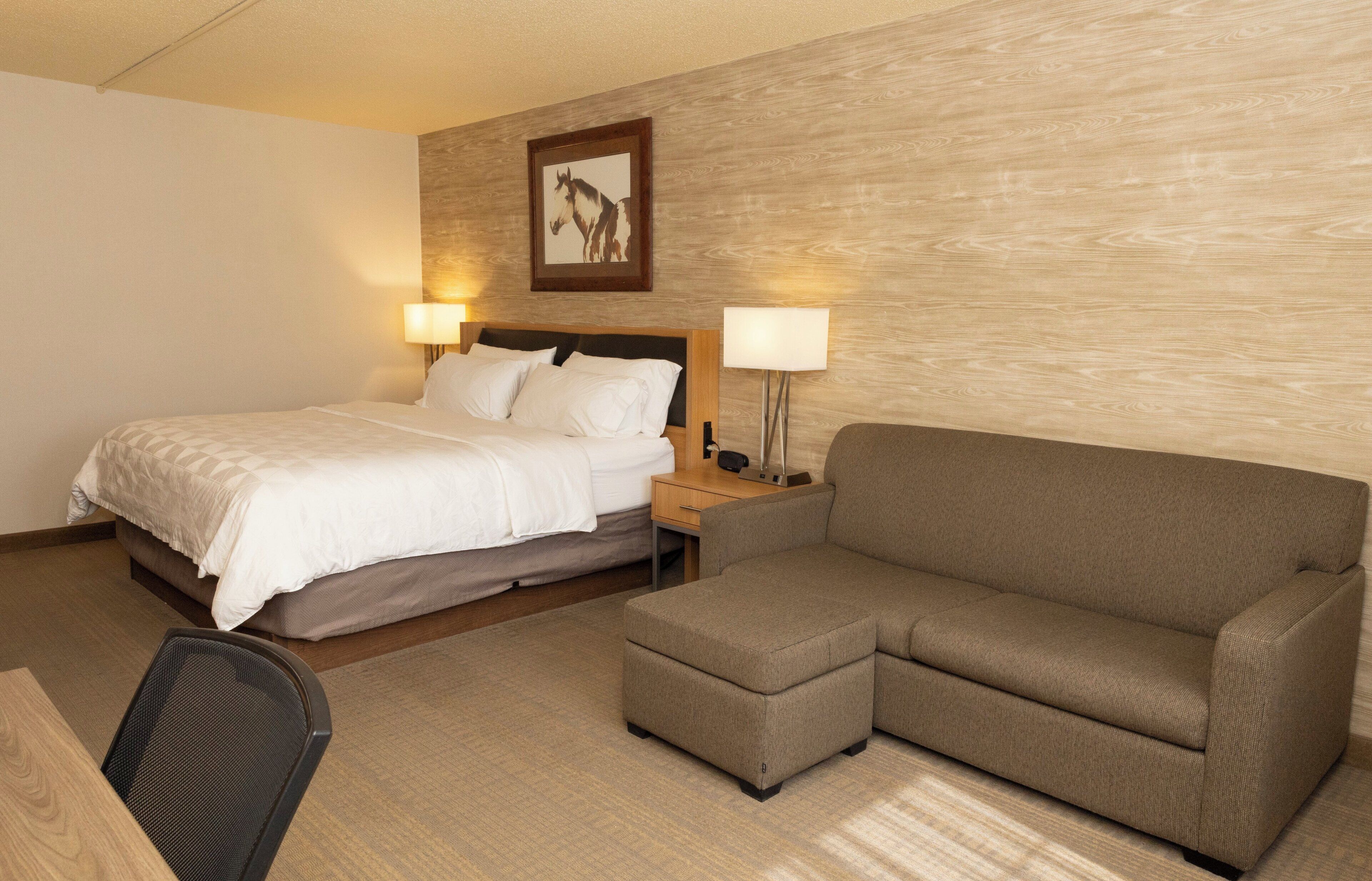 A hotel room with a bed, a sofa, a chair, and two bedside lamps.