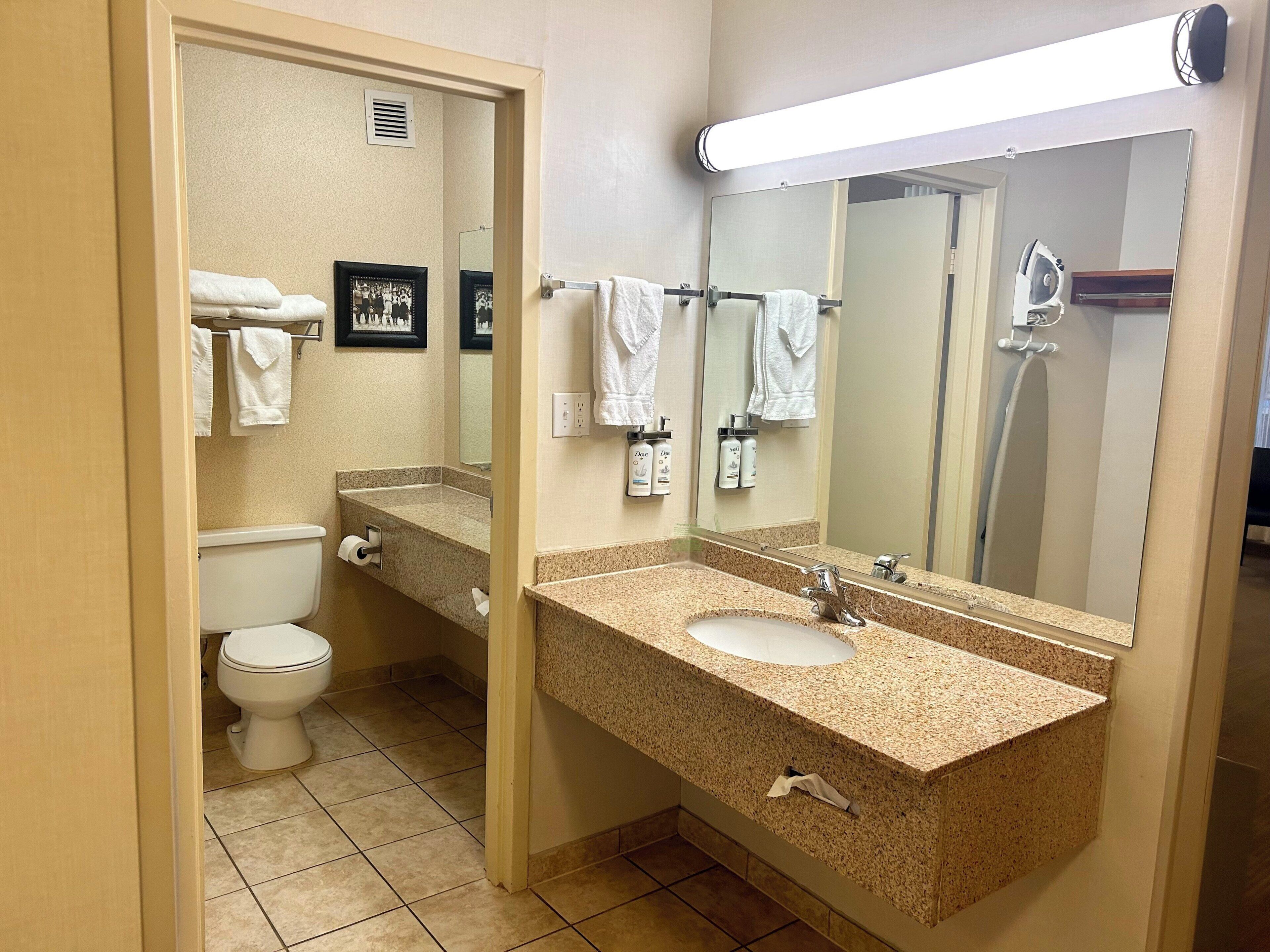 A bathroom with a toilet, sink, mirror, and towel rack.