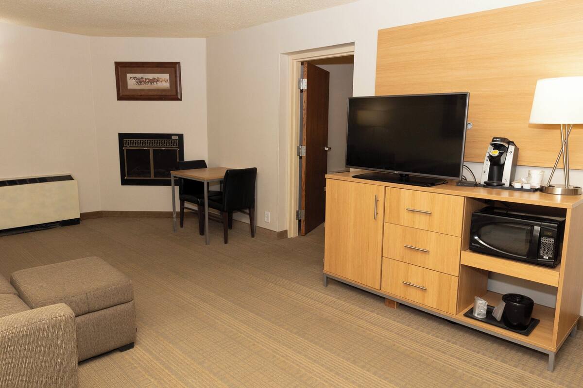 Habitación de hotel con sofá, televisión sobre un mueble de madera, microondas, cafetera y un cuadro en la pared.