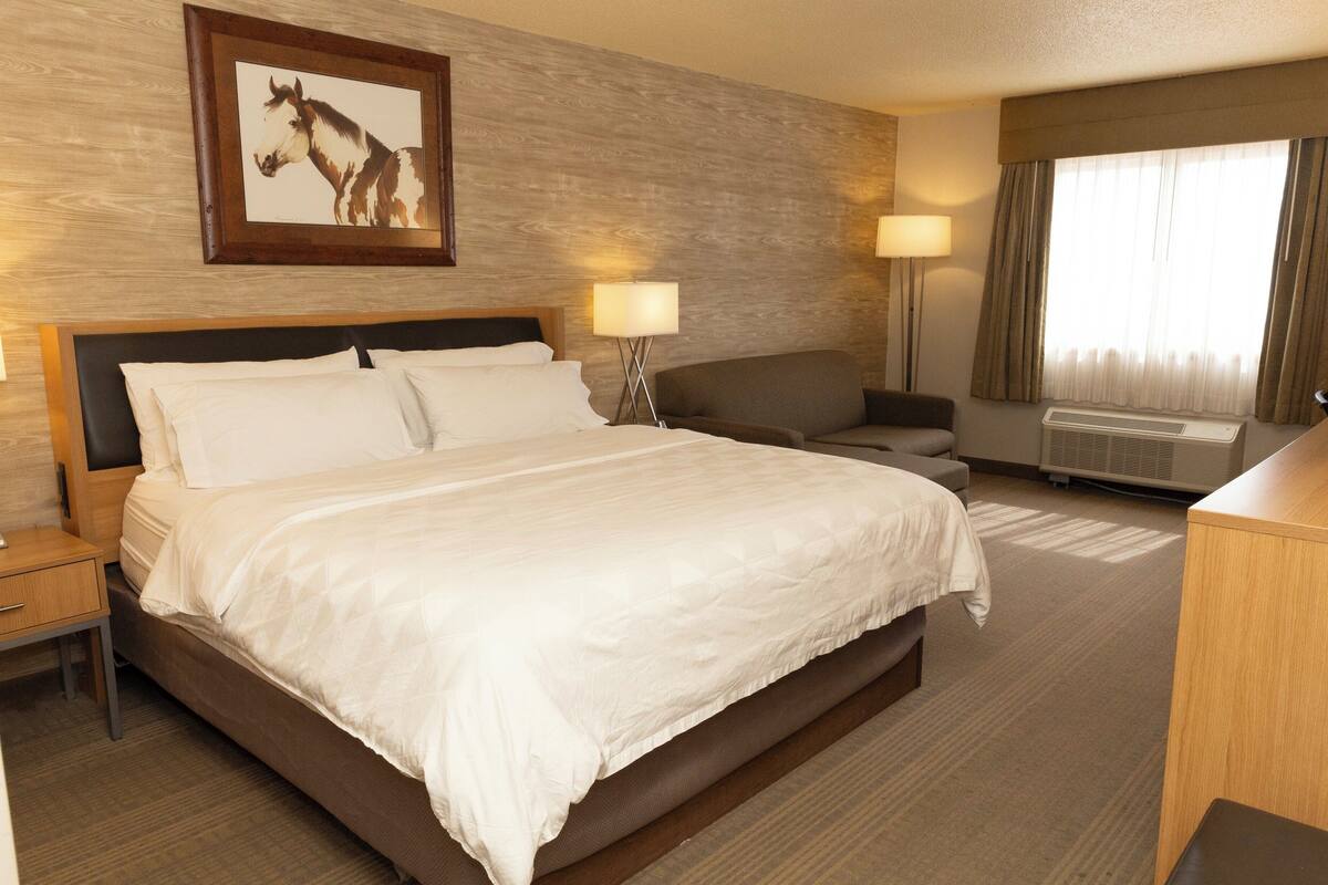 Una habitación de hotel con una cama grande, un escritorio, una silla y una ventana con cortinas.
