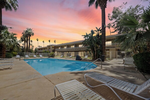 A swimming pool with lounge chairs, palm trees, and a building in the background.