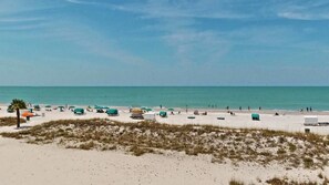 A beach with several umbrellas and beach chairs, a truck, and a palm tree.