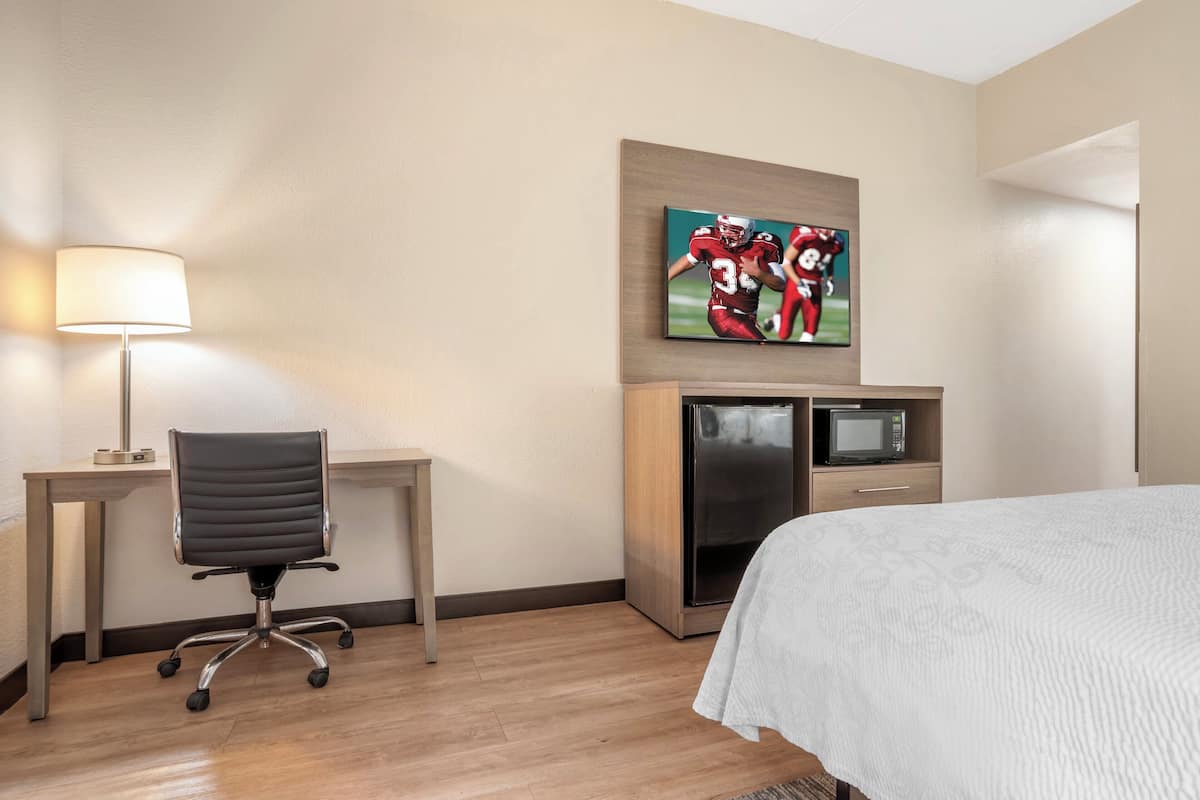 A hotel room with a bed, a desk with a lamp, a chair, a television, and a refrigerator.