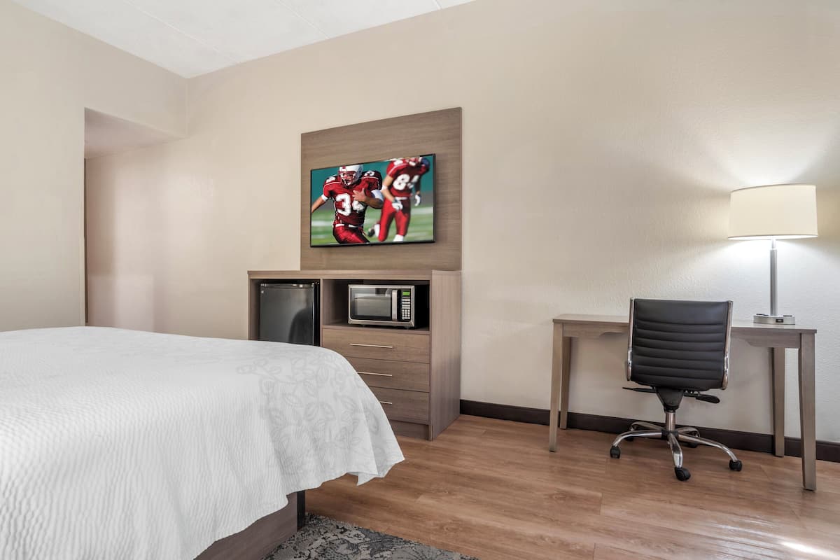 A hotel room with a bed, a desk with a chair, a microwave, and a television on the wall.