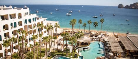 On the beach, beach cabanas, sun-loungers, beach umbrellas