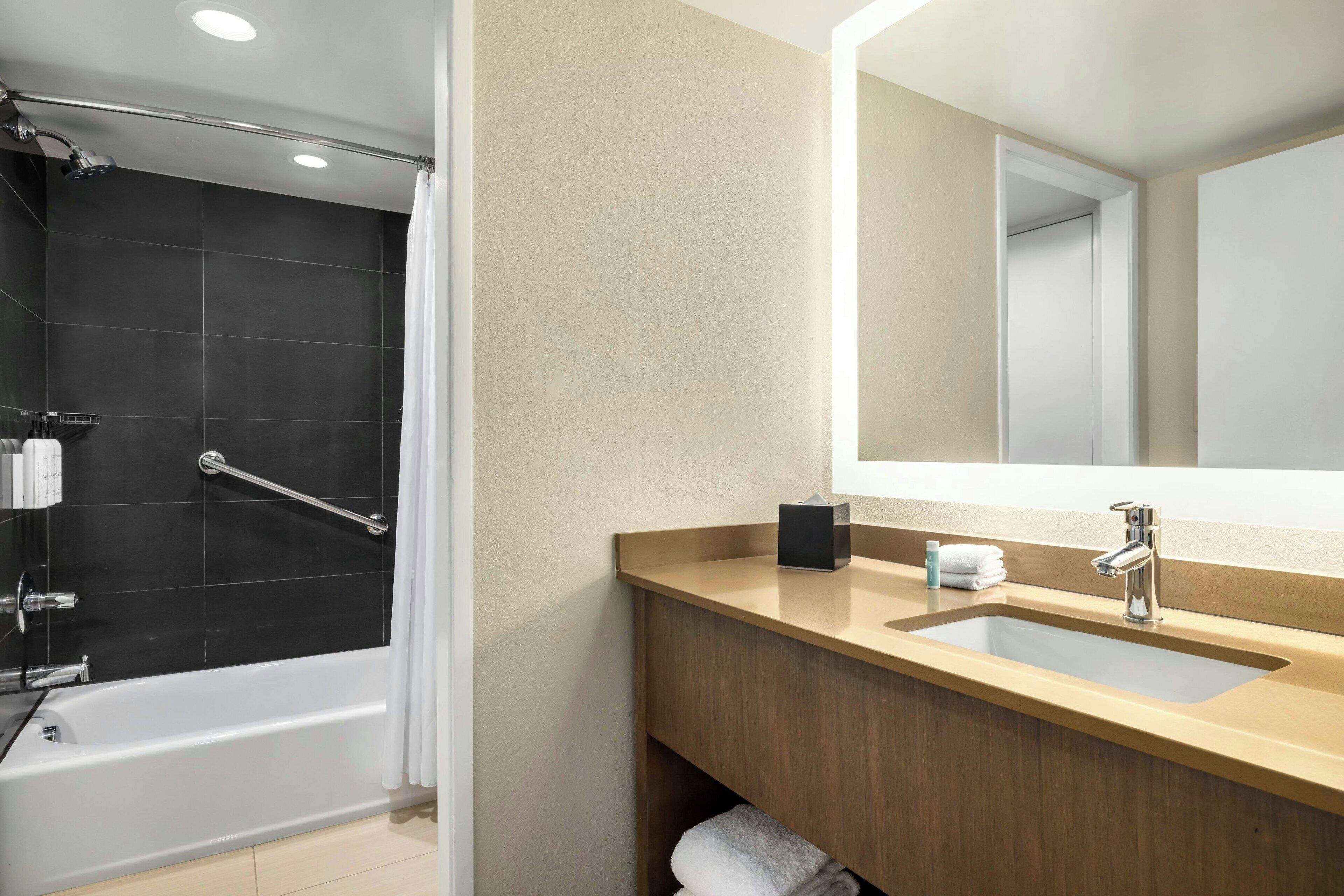 A modern bathroom with a bathtub, a shower, a sink, and a large mirror.