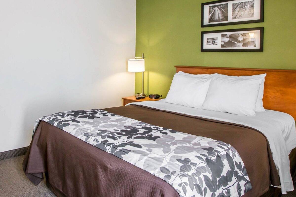 A hotel room with a bed, a nightstand, a lamp, and two framed pictures on the wall.