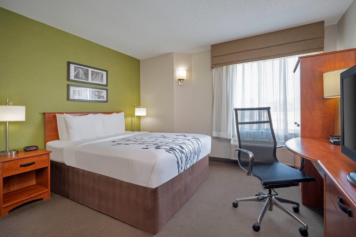 A hotel room with a large bed, a desk, a chair, and a television. There are two framed pictures on the wall and a window with curtains.