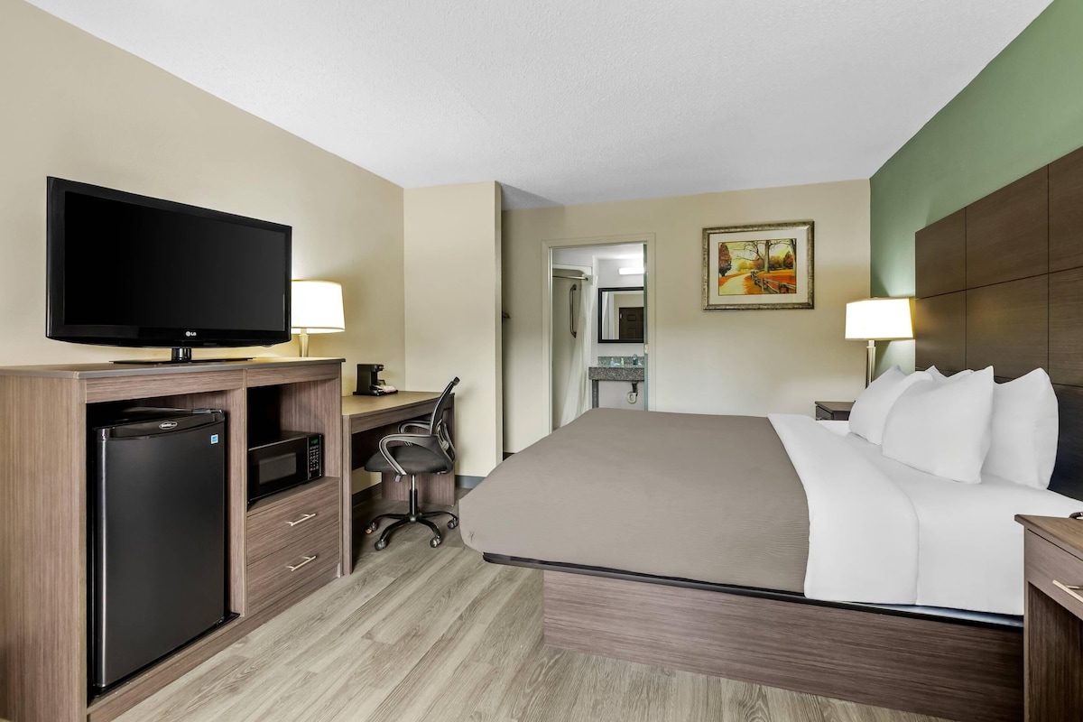 A hotel room with a bed, desk, refrigerator, microwave, and a television.