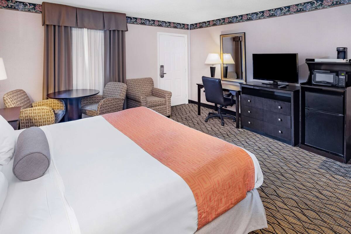 A hotel room with a bed, a desk, a chair, a television, and a microwave.