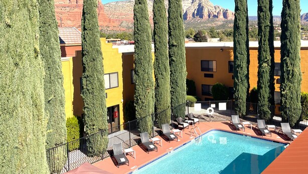 Un espace piscine aménagé avec des chaises longues, une piscine et de grands cyprès.