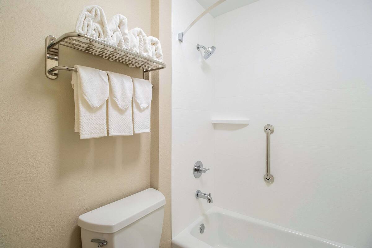 Een badkamer met toilet, douche met handgrepen en een handdoekrek met handdoeken.
