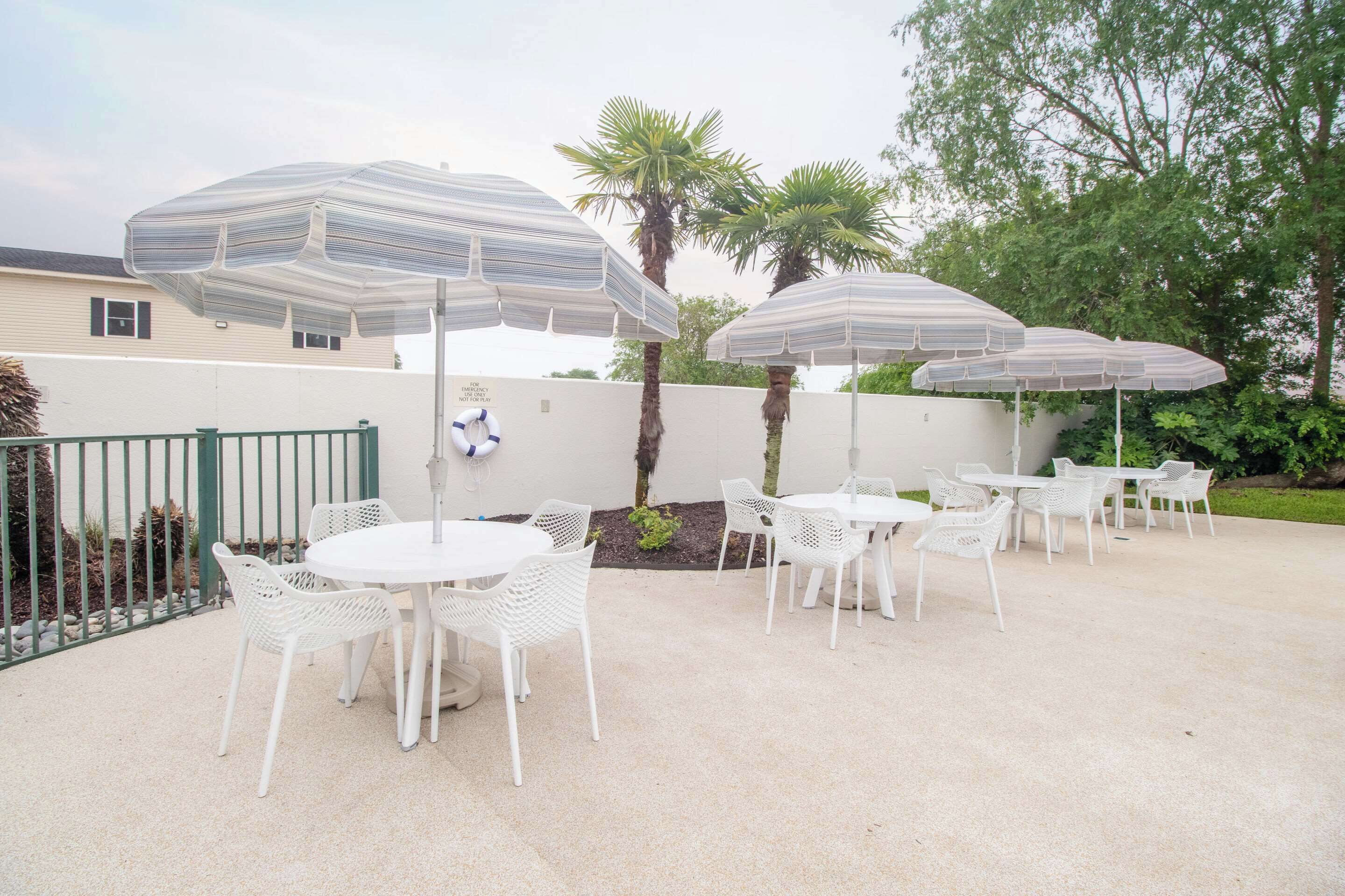 An outdoor patio area with white tables and chairs, striped umbrellas, and a palm tree.