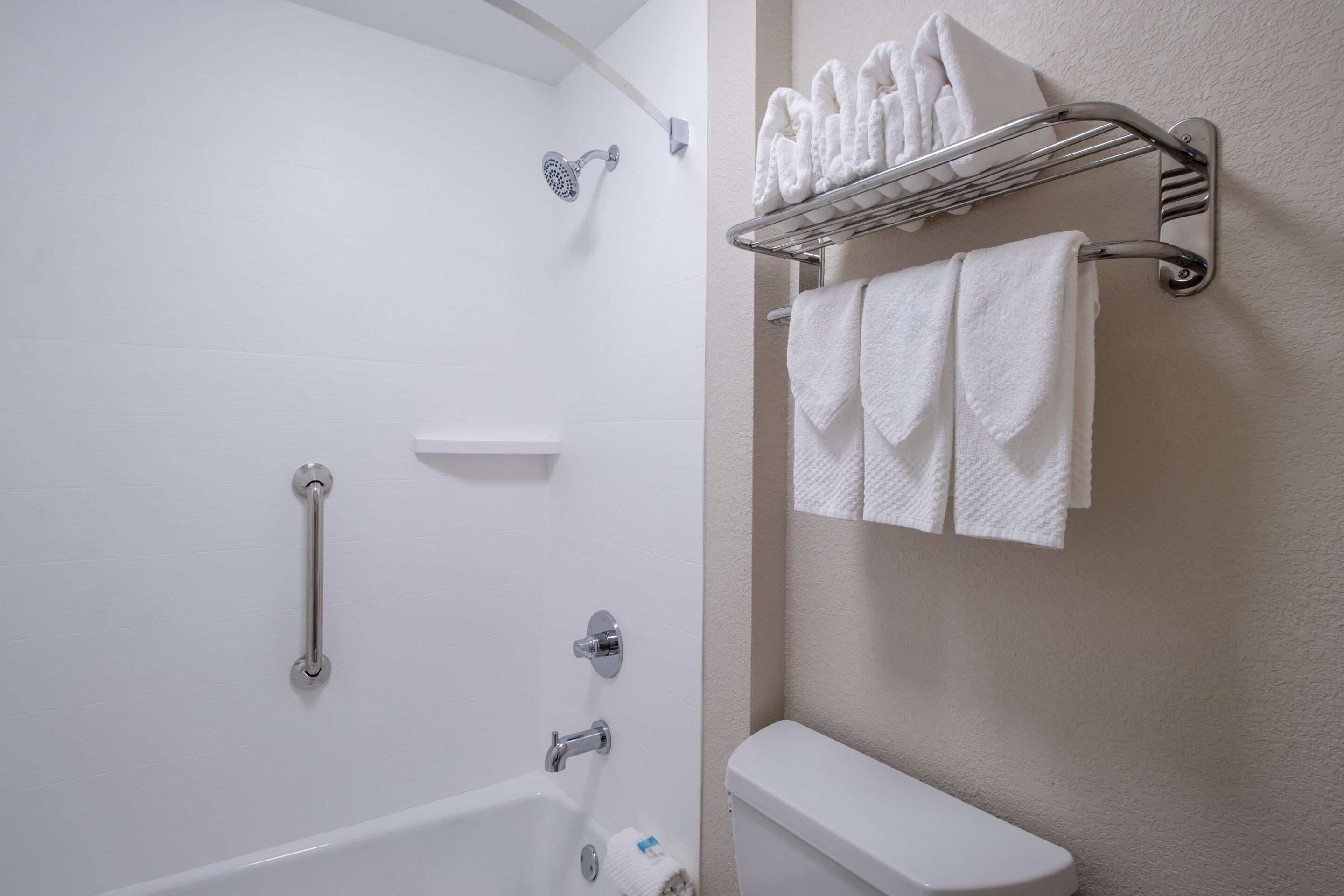 A bathroom with a white bathtub, a toilet, a shower with a handheld showerhead, a grab bar, and a towel rack with multiple towels.